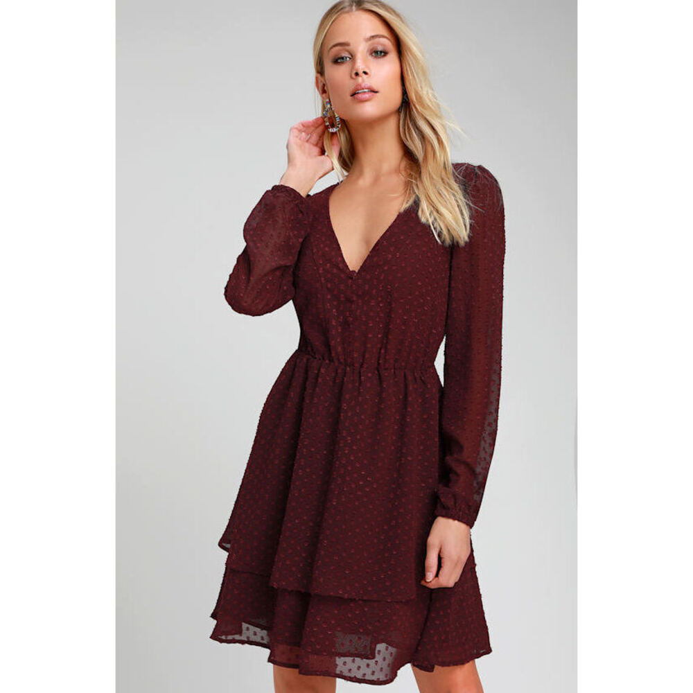 Lulus Brilliant Love Burgundy Swiss Dot Long Sleeve Skater Dress Red - Size S